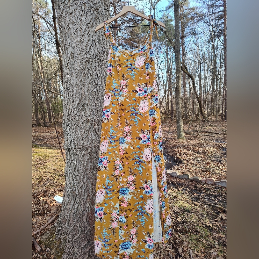 Gold Yellow Floral Tank Maxi Dress w/ Slit, Tie Shoulder Sz Large BP Mustard